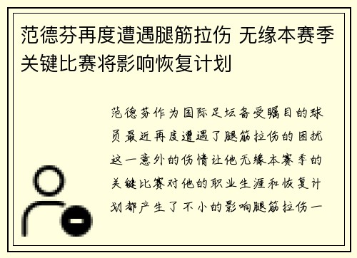范德芬再度遭遇腿筋拉伤 无缘本赛季关键比赛将影响恢复计划